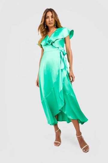Green Satin Ruffle Wrap Dress
