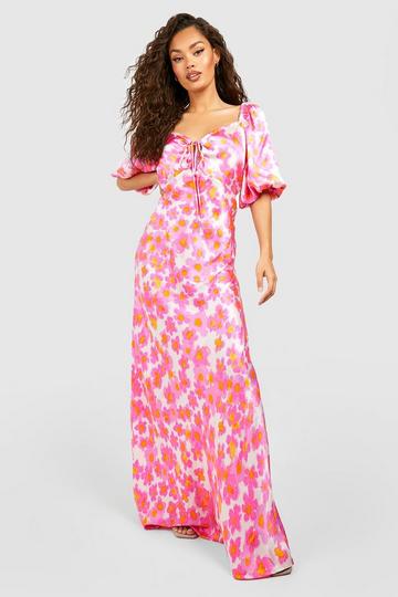 Pink Satin Printed Puff Sleeve Maxi Dress