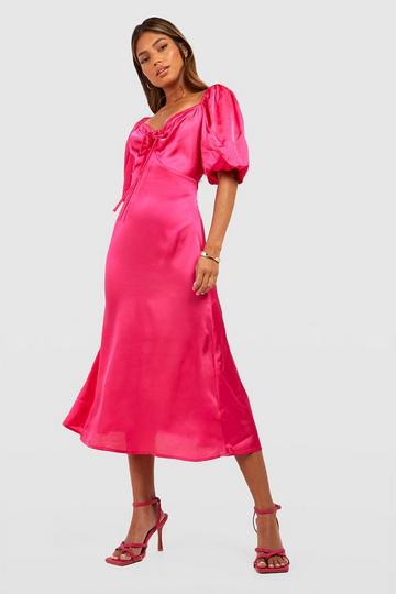 Satin Ruched Puff Sleeve Midi Dress hot pink