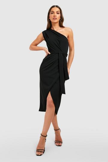 Black One Shoulder Pleat Detail Midi Dress