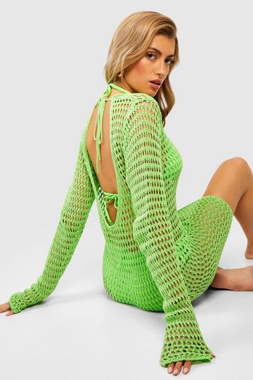Crochet Low Back Mini Beach Cover Up Dress lime