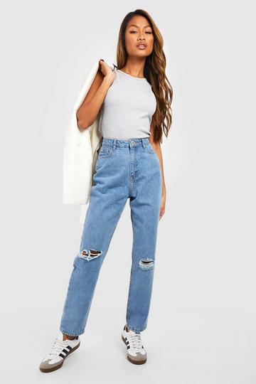 Light Brown High Waisted Ripped Knee Mom Jeans