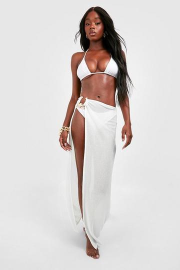 Ivory White Gold Trim Side Split Knitted Beach Maxi Skirt