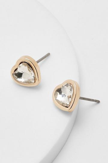 Gold Metallic Heart Diamante Stud Earrings