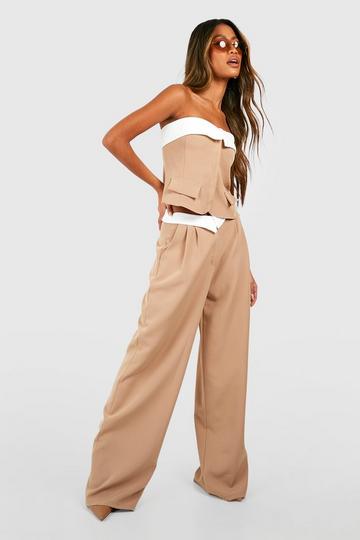 Camel Beige Contrast Waistband Tailored Wide Leg Trousers