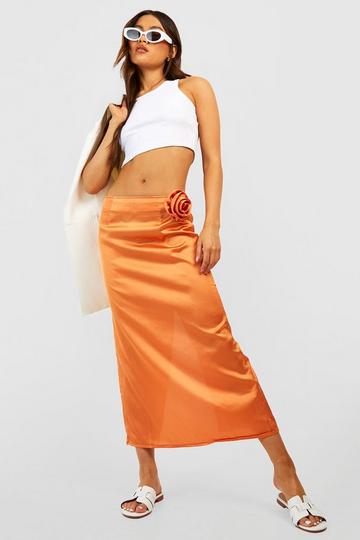 Rose Corsage Satin Midi Skirt orange