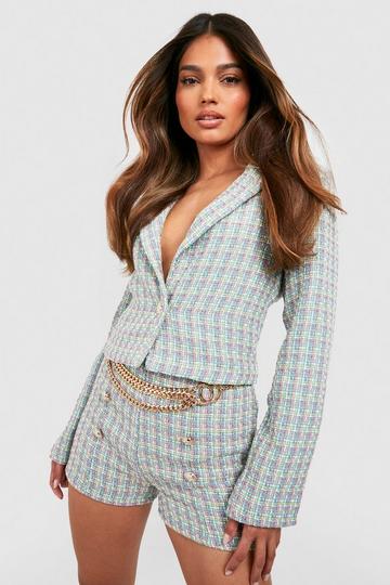 Tweed Check Cropped Tailored Blazer mint