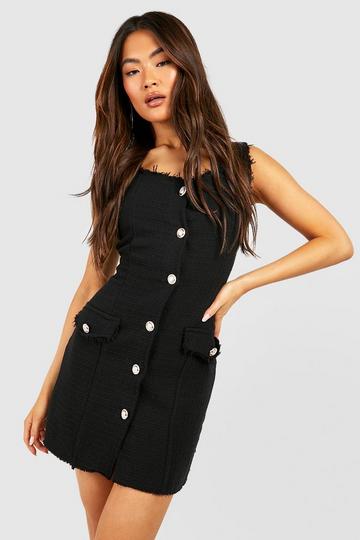 Black Tweed Button Front Tailored Mini Dress
