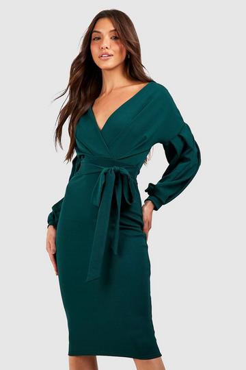 Green Off The Shoulder Wrap Midi Dress
