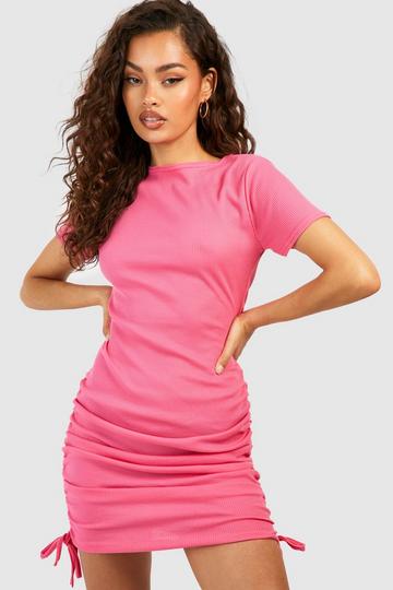 Pink Ruched Detail Ribbed Mini Bodycon Dress