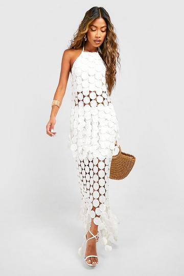 Disk Crochet Asymmetric Hem Maxi Skirt white