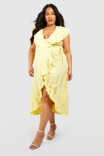 Lemon Yellow Plus Ruffle Wrap Midaxi Dress
