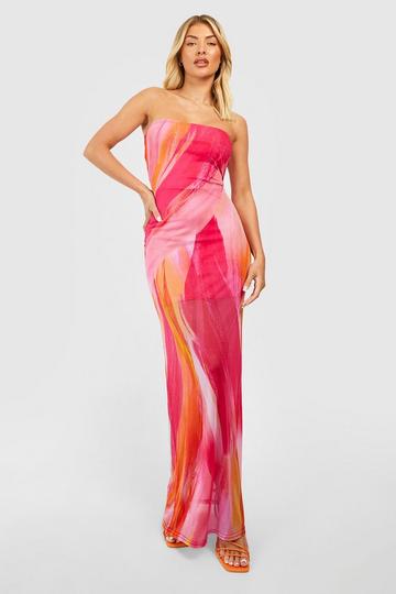 Pink Abstract Mesh Bandeau Maxi Dress