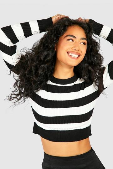 Wide Stripe Rib Knit Fine Gauge Sweater black