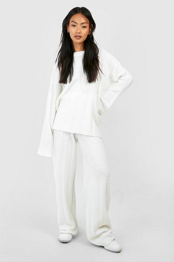 Soft Knit Wide Rib Sweater And Flares Knitted Two-Piece ecru