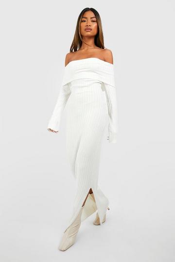 White Oversized Bardot Neckline Knitted Maxi Dress
