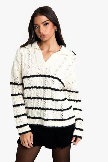 Soft Knit Cable Stripe Polo Collar Sweater ecru