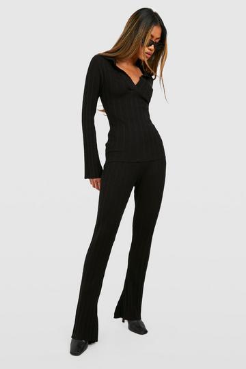 Mixed Rib Polo Collar Top And Flares Knitted Set black