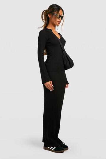 Polo Collar Rib Knit Top And Maxi Skirt Set black
