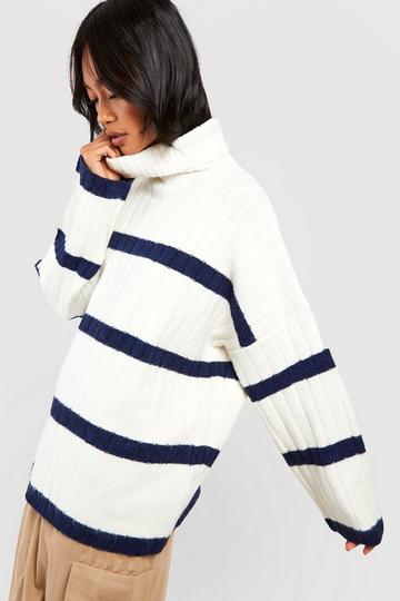 Wide Rib Stripe Roll Neck Jumper navy