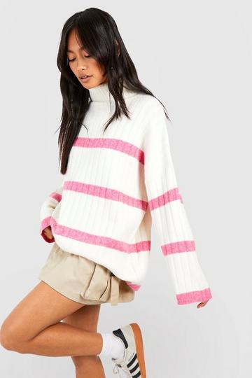 Wide Rib Stripe Roll Neck Jumper pink