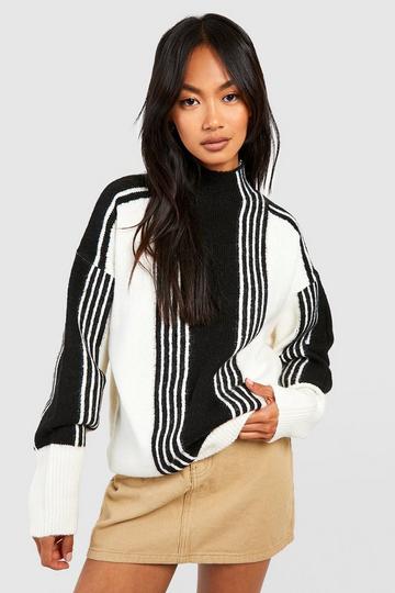 Mixed Wide Stripe Oversized High Neck Jumper black