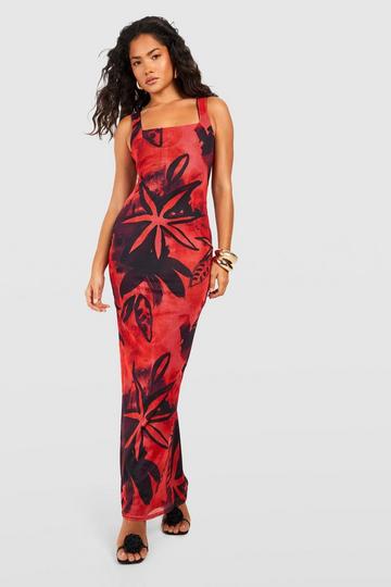 Red Tropical Mesh Printed Maxi Dress