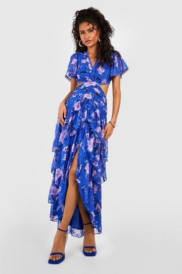 Blue Floral Dress - Backless Lace-Up Dress - Ruffled Maxi Dress
