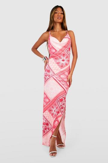 Pink Scarf Print Cowl Neck Split Maxi Dress