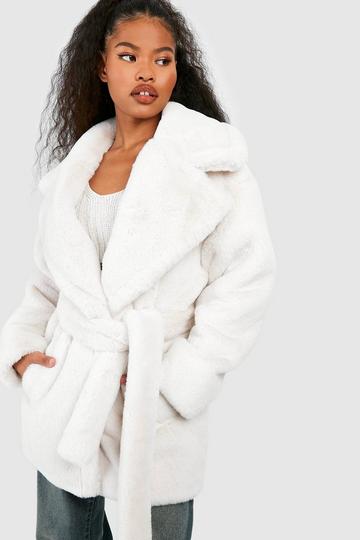 Cream White Short Belted Faux Fur Coat