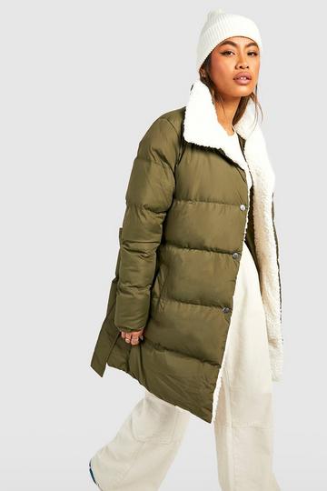 Teddy Trim Wrap Belted Puffer Jacket olive