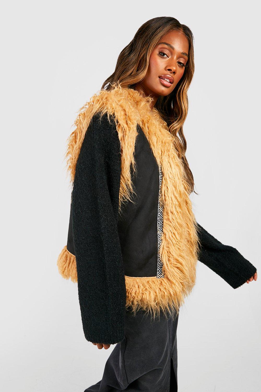 Black faux outlet fur hooded gilet