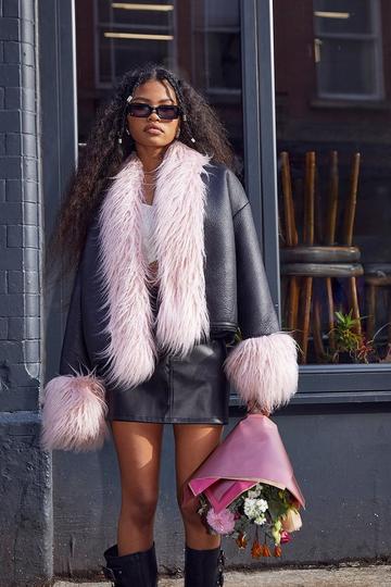 Faux Fur Trim Leather Jacket pink