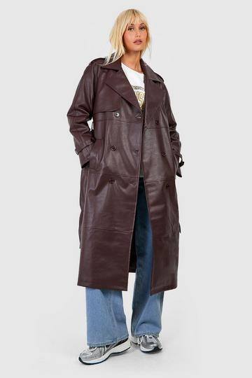 Double Breast Faux Leather Maxi Trench Coat wine