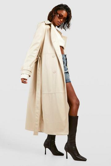 Belted Faux Leather Trench Coat ecru