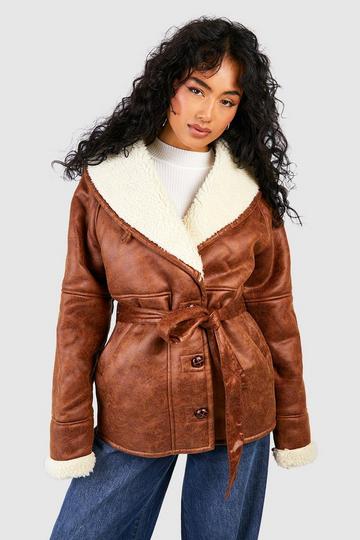 Faux Leather Belted Aviator Jacket tan