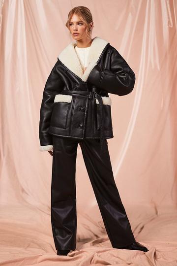Faux Leather Belted Aviator Jacket black