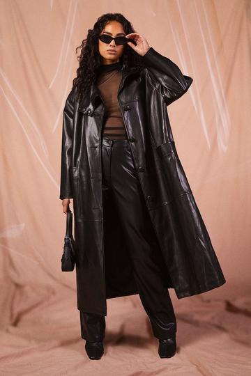 Faux Leather Maxi Button Detail Trench Coat black