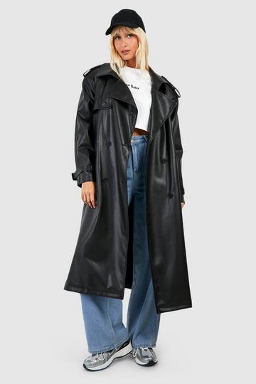 Black Faux Leather Maxi Trench Coat