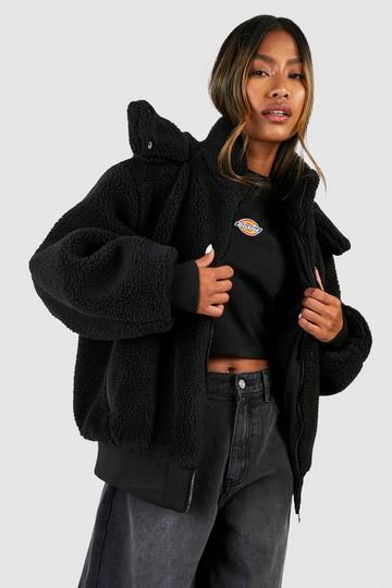 Hooded Faux Fur Zip Detail Jacket black
