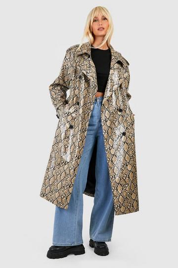 Stone Beige Faux Leather Snake Print Maxi Trench Coat