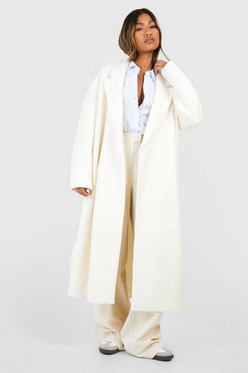 Ecru White Boucle Belted Wool Coat