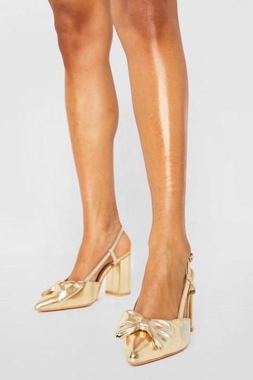 Gold Metallic Wide Fit Metallic Bow Detail Court Shoe