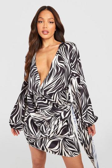 Tall Ruched Tie Side Abstract Print Mini Dress black