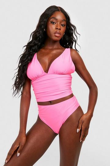 Tummy Control Plunge Tankini Bikini Set pink