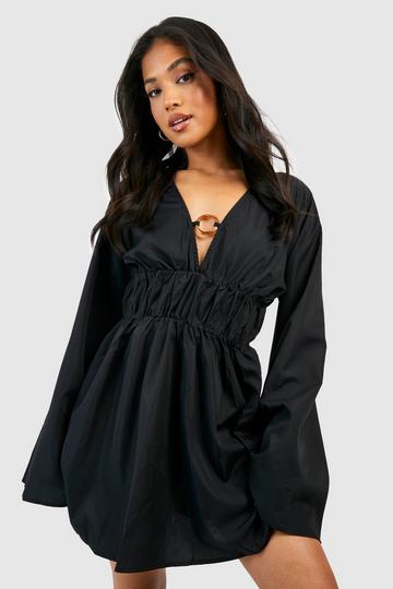 Black Petite Ring Detail Linen Flare Mini Dress