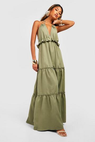 Olive Green Poplin Tiered Maxi Dress