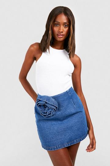 Rose Corsage Detail Denim Mini Skirt mid blue