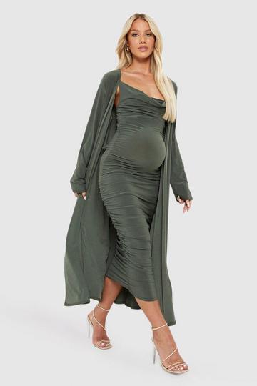 Khaki Maternity Strappy Cowl Neck Dress And Duster Coat