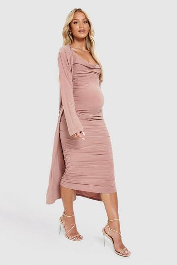Maternity Strappy Cowl Neck Dress And Duster Coat rose